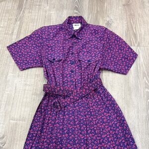 Vintage Petite Leslie Fay Pink Floral Midi Shirt Dress on Purple